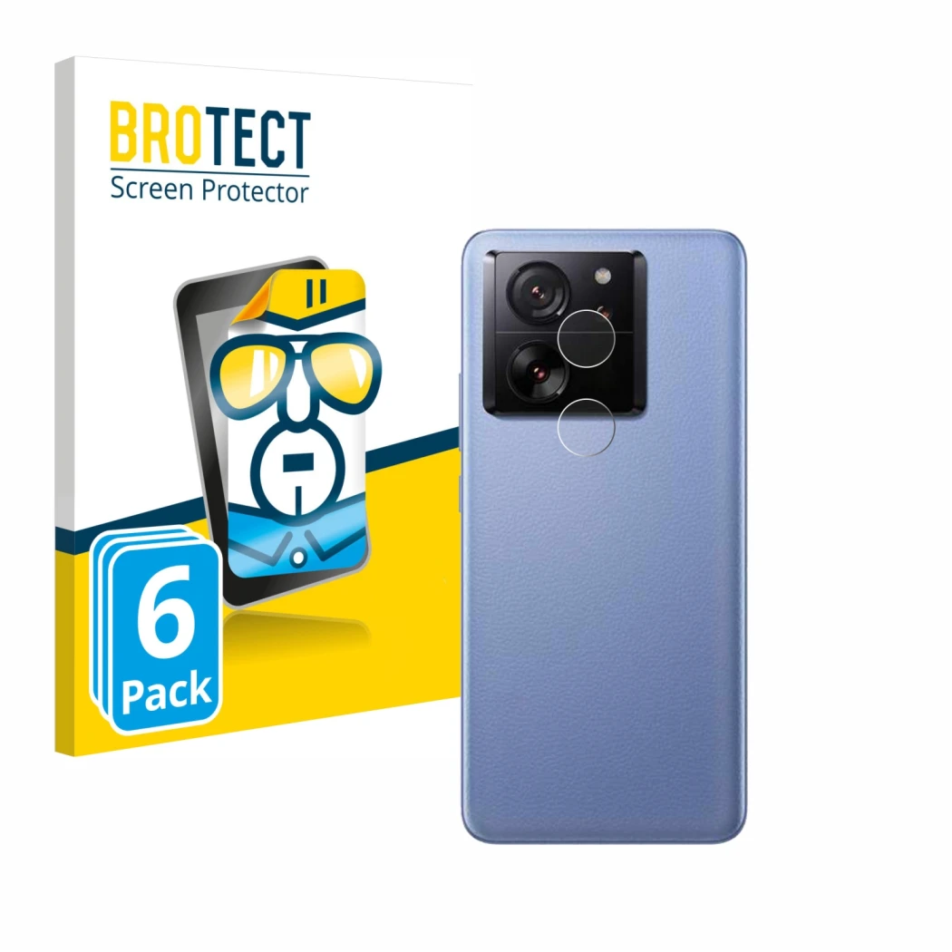 Front side of a product packaging with the brand logo BROTECT. Next to it is the device Xiaomi 13T Pro (ONLY Camera Lens) show