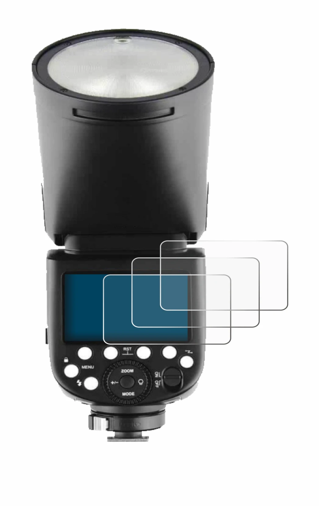 Image of the device Godox V1 with a wide variety of screen protectors.
