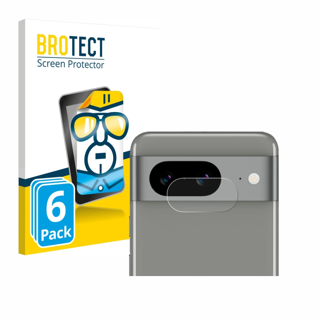 Front side of a product packaging with the brand logo BROTECT. Next to it is the device Google Pixel 8 (ONLY Camera Lens) show