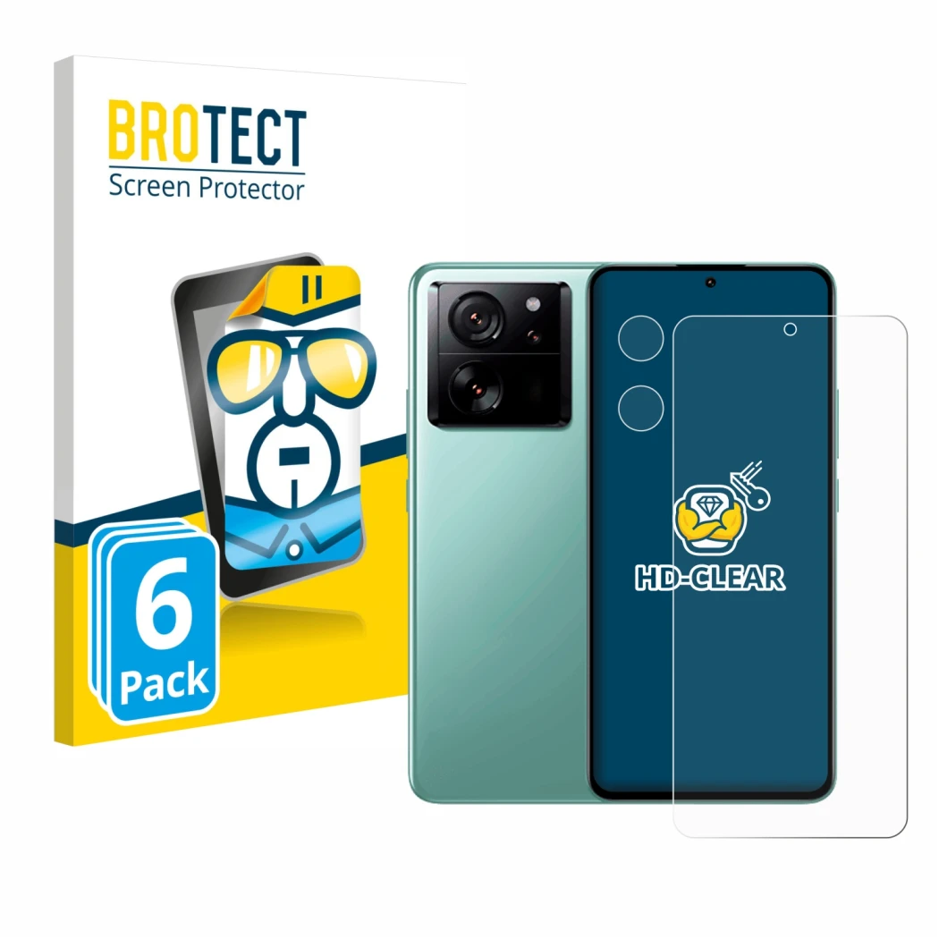 Front side of a product packaging with the brand logo BROTECT. Next to it is the device Xiaomi 13T (Front+Camera) shown with t