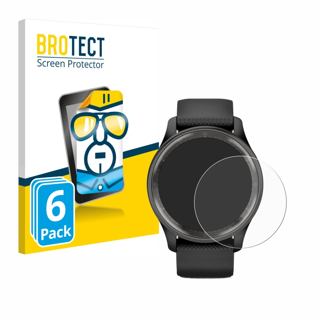 Front side of a product packaging with the brand logo BROTECT. Next to it is the device Garmin Vivomove Trend shown with the c