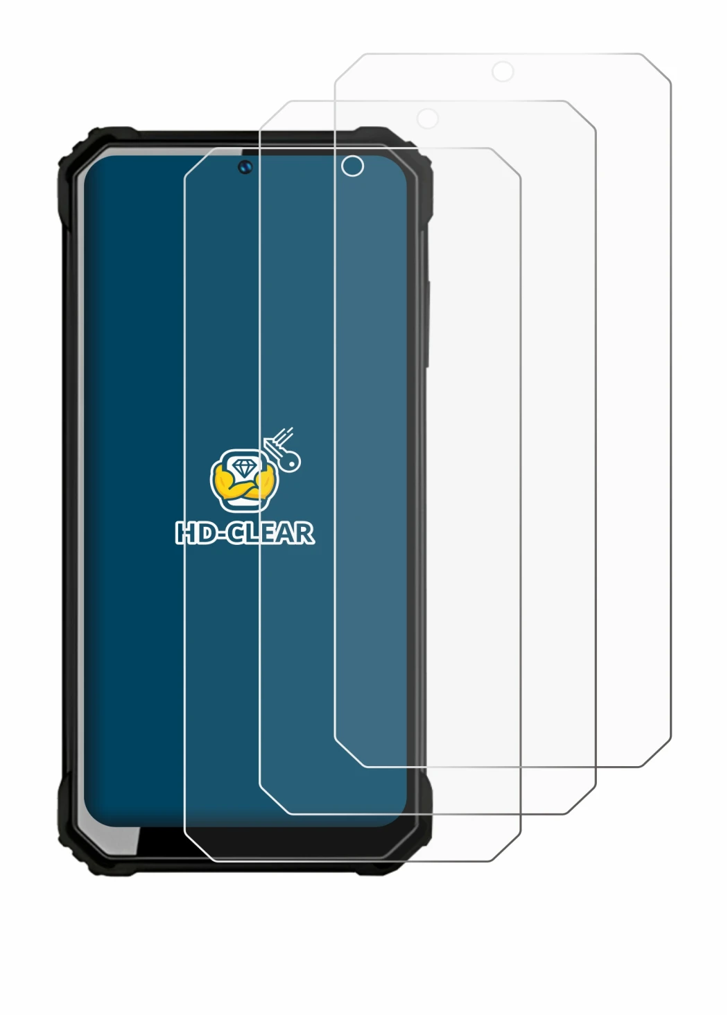 Image of the device Oukitel WP23 with a wide variety of screen protectors.