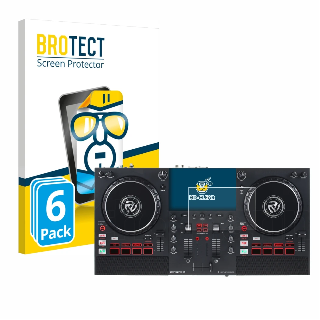 Front side of a product packaging with the brand logo BROTECT. Next to it is the device Numark Mixstream Pro+ shown with the c