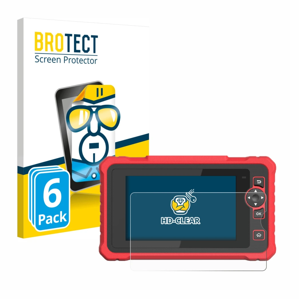 Front side of a product packaging with the brand logo BROTECT. Next to it is the device Launch CRP 359 shown with the correspo