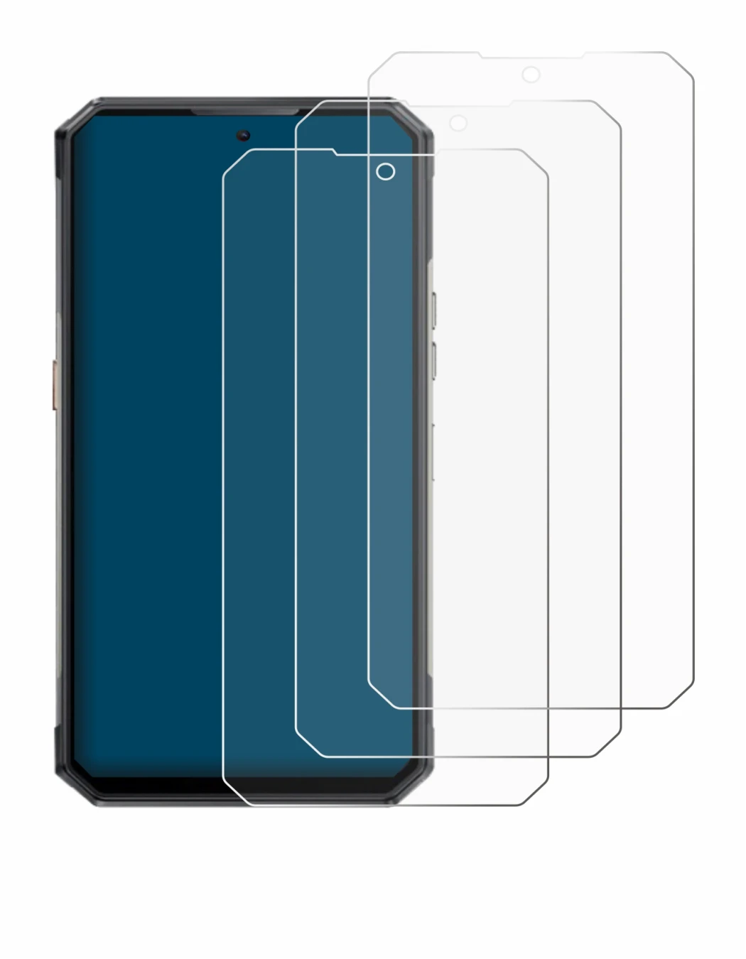 Image of the device Oukitel WP30 Pro with a wide variety of screen protectors.