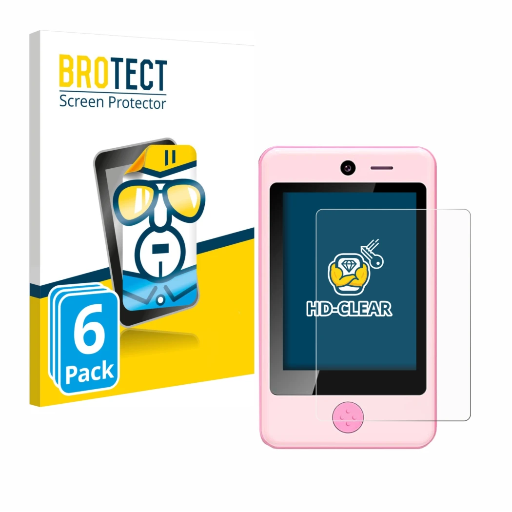 Front side of a product packaging with the brand logo BROTECT. Next to it is the device Pthtechus Children’s Smartphone shown 