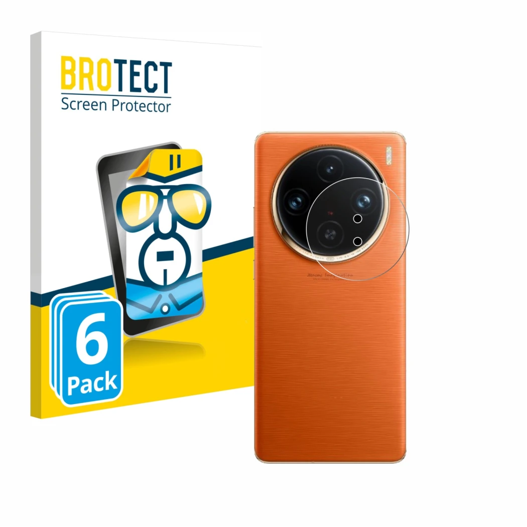 Front side of a product packaging with the brand logo BROTECT. Next to it is the device Vivo X100 Pro (ONLY Camera Lens) shown