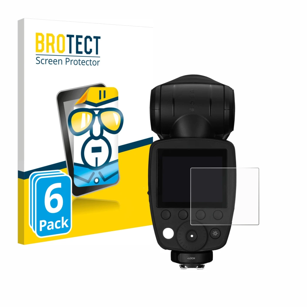 Front side of a product packaging with the brand logo BROTECT. Next to it is the device Profoto A10 shown with the correspondi