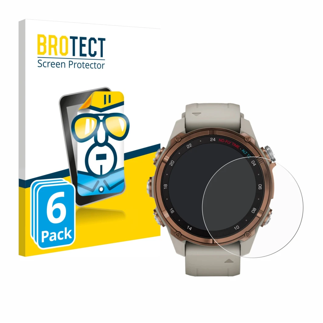 Front side of a product packaging with the brand logo BROTECT. Next to it is the device Garmin Descent Mk3 (43 mm) shown with 