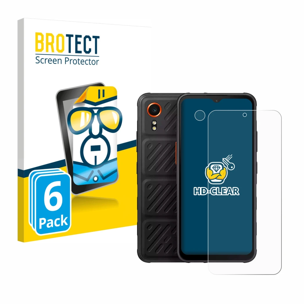 Front side of a product packaging with the brand logo BROTECT. Next to it is the device Samsung Galaxy XCover 7 (Front+Camera)