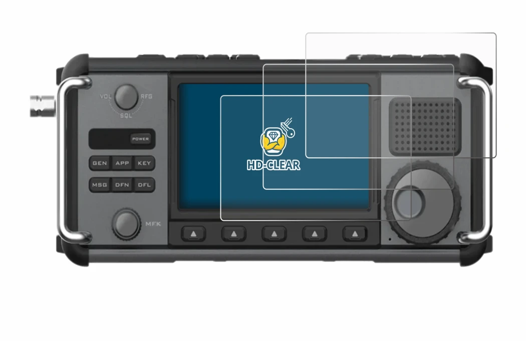 Image of the device Xiegu X6200 with a wide variety of screen protectors.