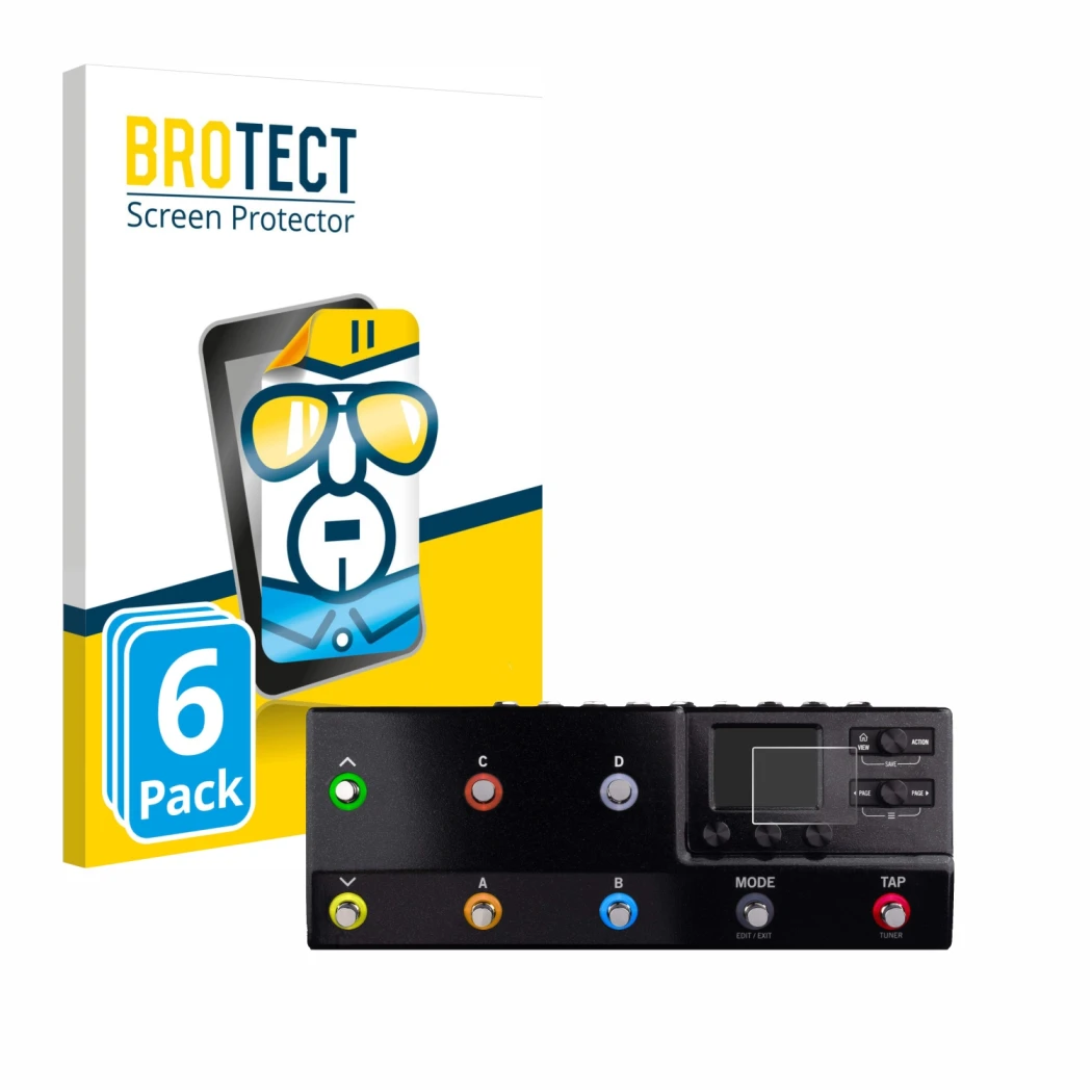 Front side of a product packaging with the brand logo BROTECT. Next to it is the device Line 6 hx stomp XL shown with the corr