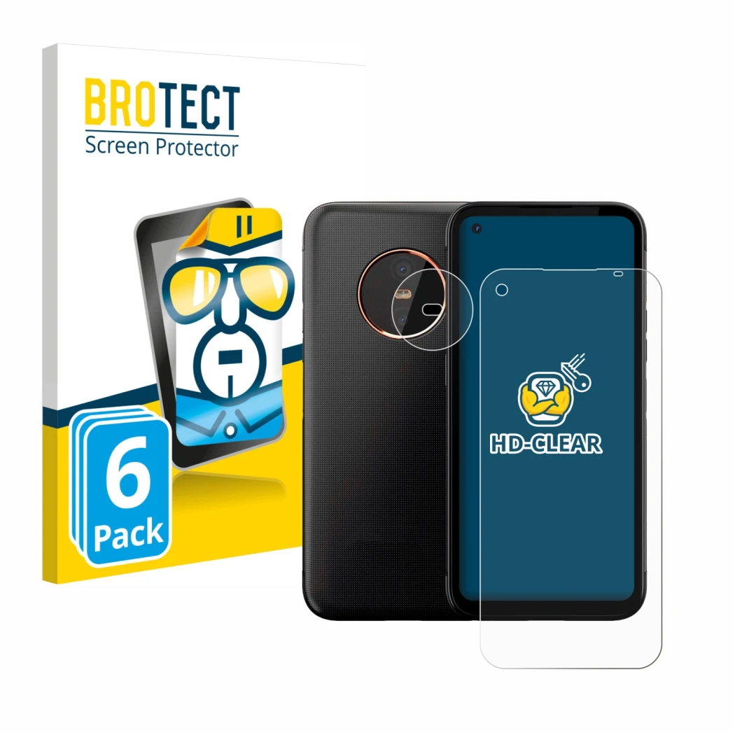 Front side of a product packaging with the brand logo BROTECT. Next to it is the device Gigaset GX6 Pro (Front+Camera) shown w