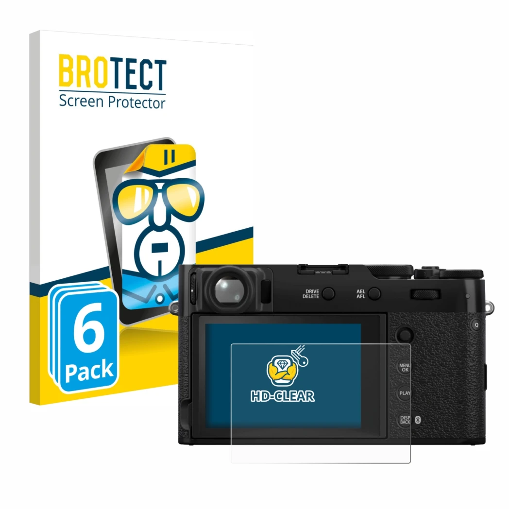 Front side of a product packaging with the brand logo BROTECT. Next to it is the device Fujifilm X100VI shown with the corresp