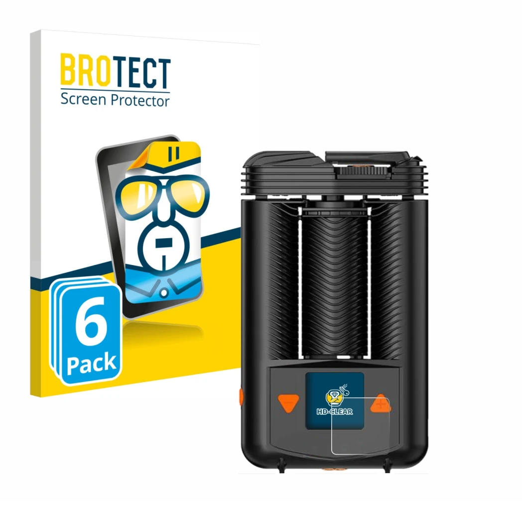 Front side of a product packaging with the brand logo BROTECT. Next to it is the device Storz & Bickel Mighty + shown with the