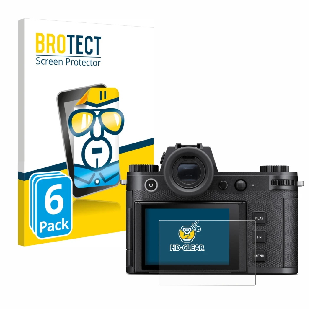 Front side of a product packaging with the brand logo BROTECT. Next to it is the device Leica SL3 shown with the corresponding