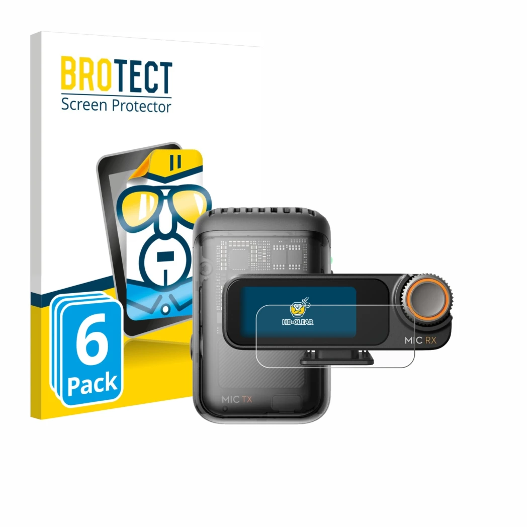 Front side of a product packaging with the brand logo BROTECT. Next to it is the device DJI Mic 2 (Receiver) shown with the co