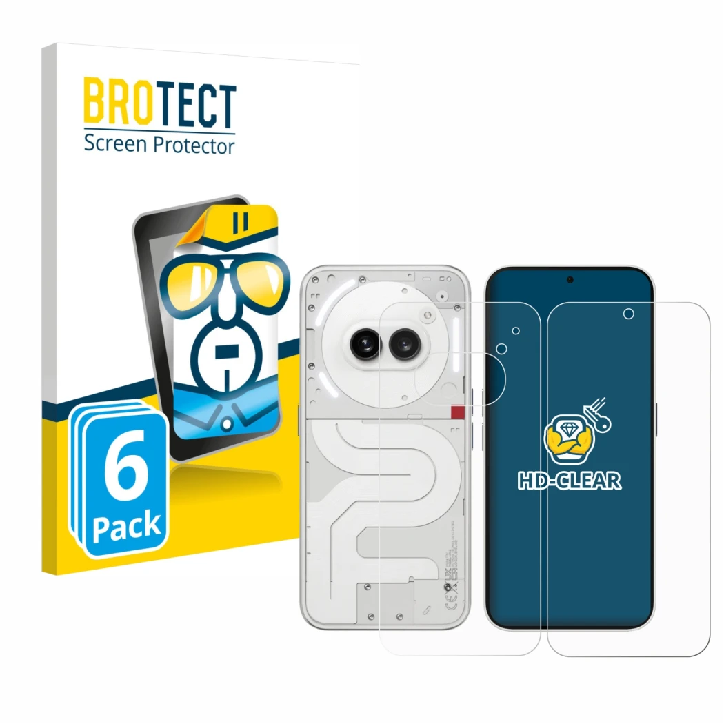 Front side of a product packaging with the brand logo BROTECT. Next to it is the device Nothing Phone (2a) (Front+Back) shown