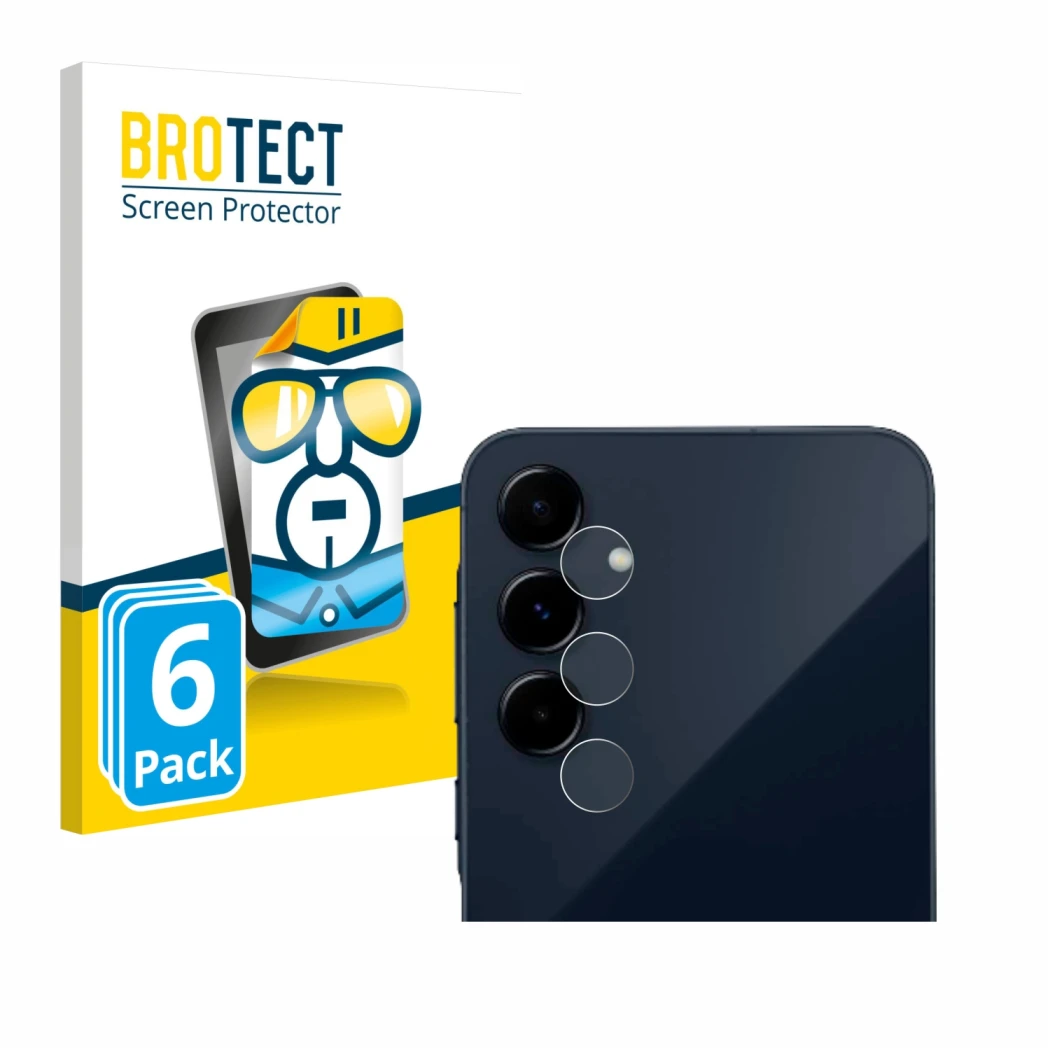 Front side of a product packaging with the brand logo BROTECT. Next to it is the device Samsung Galaxy A35 5G (ONLY Camera Len