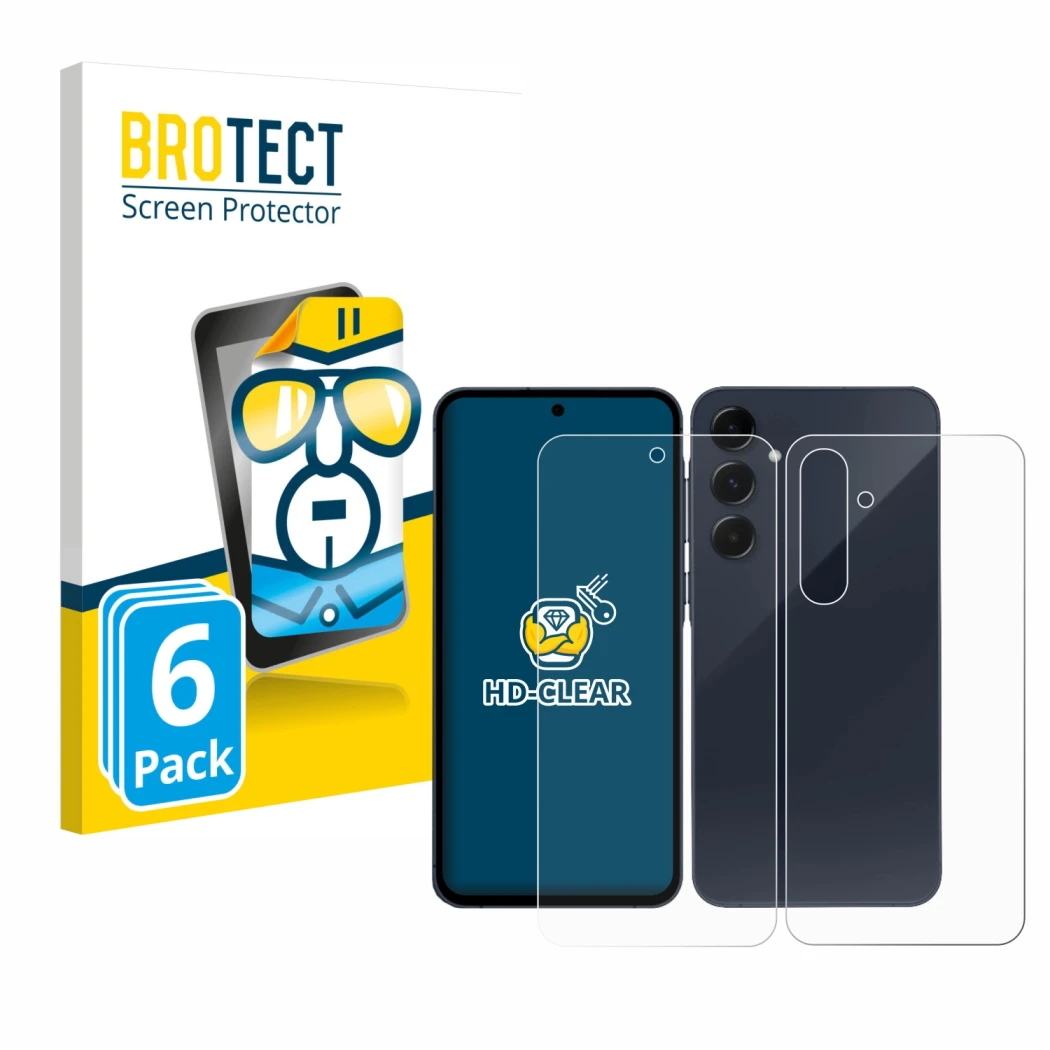 Front side of a product packaging with the brand logo BROTECT. Next to it is the device Samsung Galaxy A35 5G (Front+Back) sho