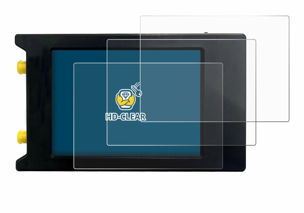 Image of the device LiteVNA 64 with a wide variety of screen protectors.