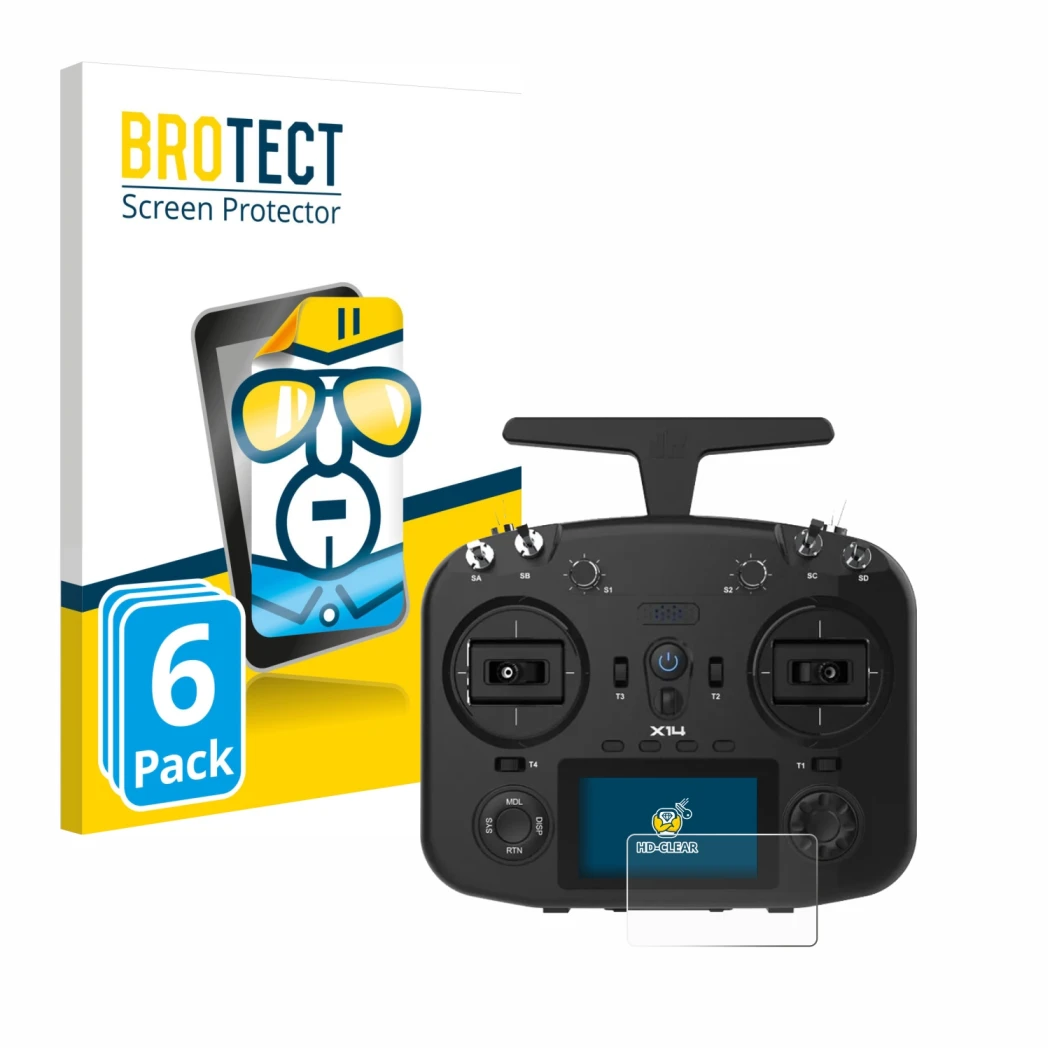 Front side of a product packaging with the brand logo BROTECT. Next to it is the device FrSky TWIN X14 shown with the correspo