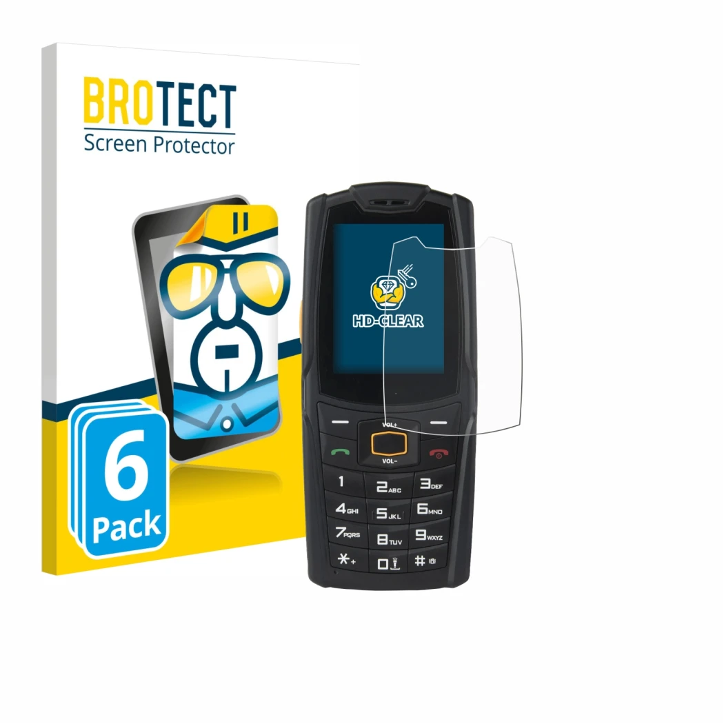 Front side of a product packaging with the brand logo BROTECT. Next to it is the device AGM M6 shown with the corresponding sc
