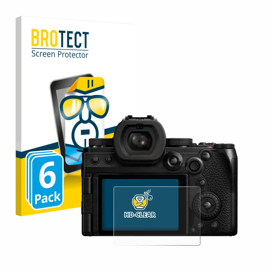 Front side of a product packaging with the brand logo BROTECT. Next to it is the device Panasonic Lumix DC-S5II shown with the