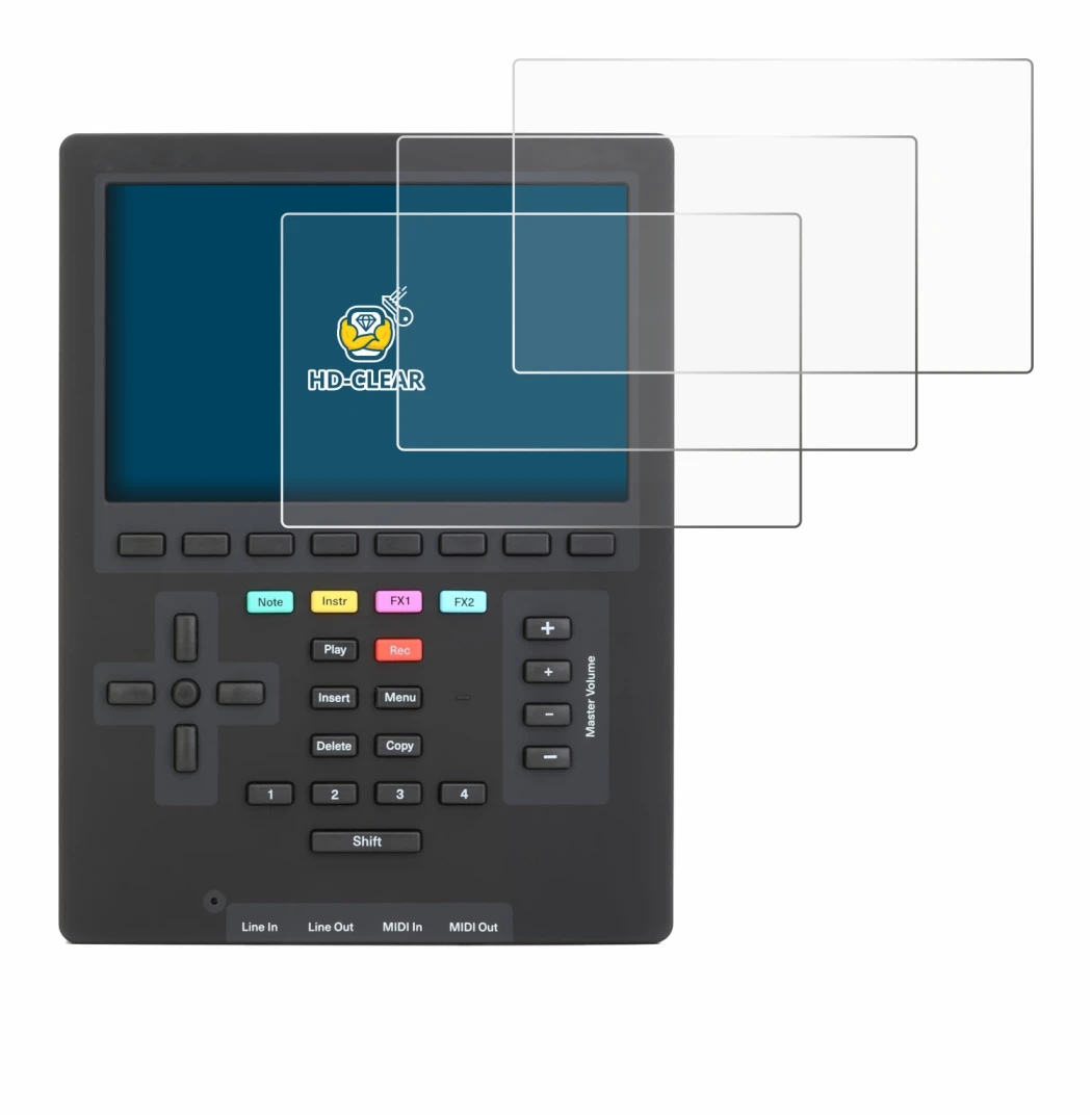 Image of the device Polyend Tracker Mini with a wide variety of screen protectors.