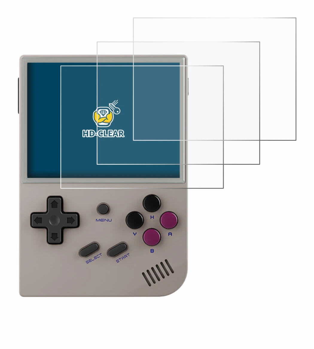 Image of the device Anbernic RG35XX Plus with a wide variety of screen protectors.
