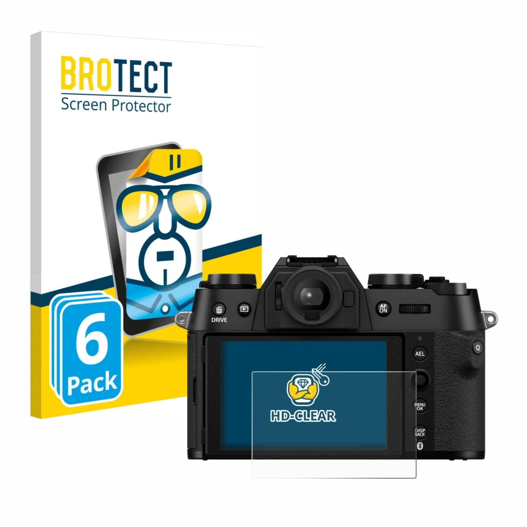Front side of a product packaging with the brand logo BROTECT. Next to it is the device Fujifilm X-T50 shown with the correspo