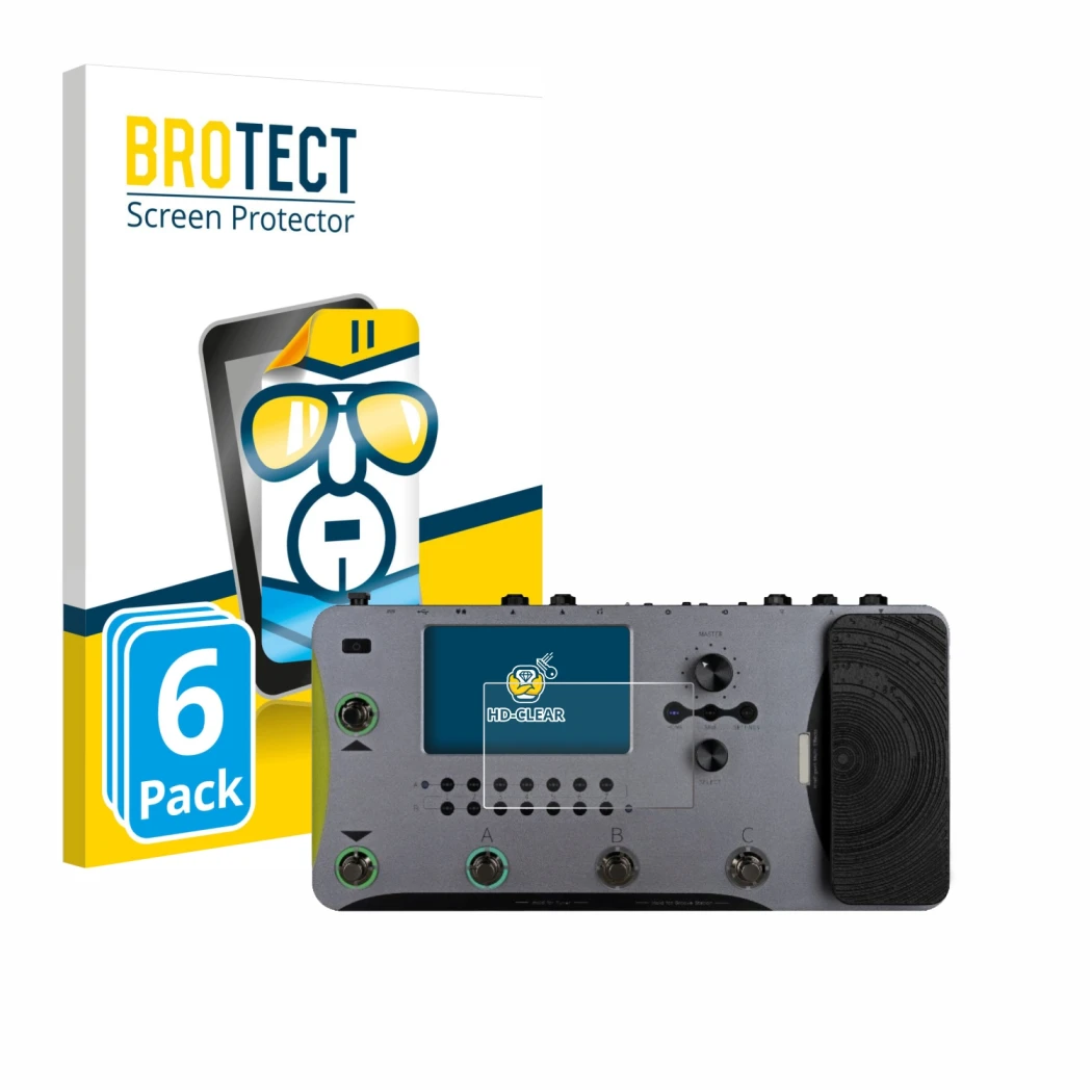 Front side of a product packaging with the brand logo BROTECT. Next to it is the device Mooer GE1000 shown with the correspond