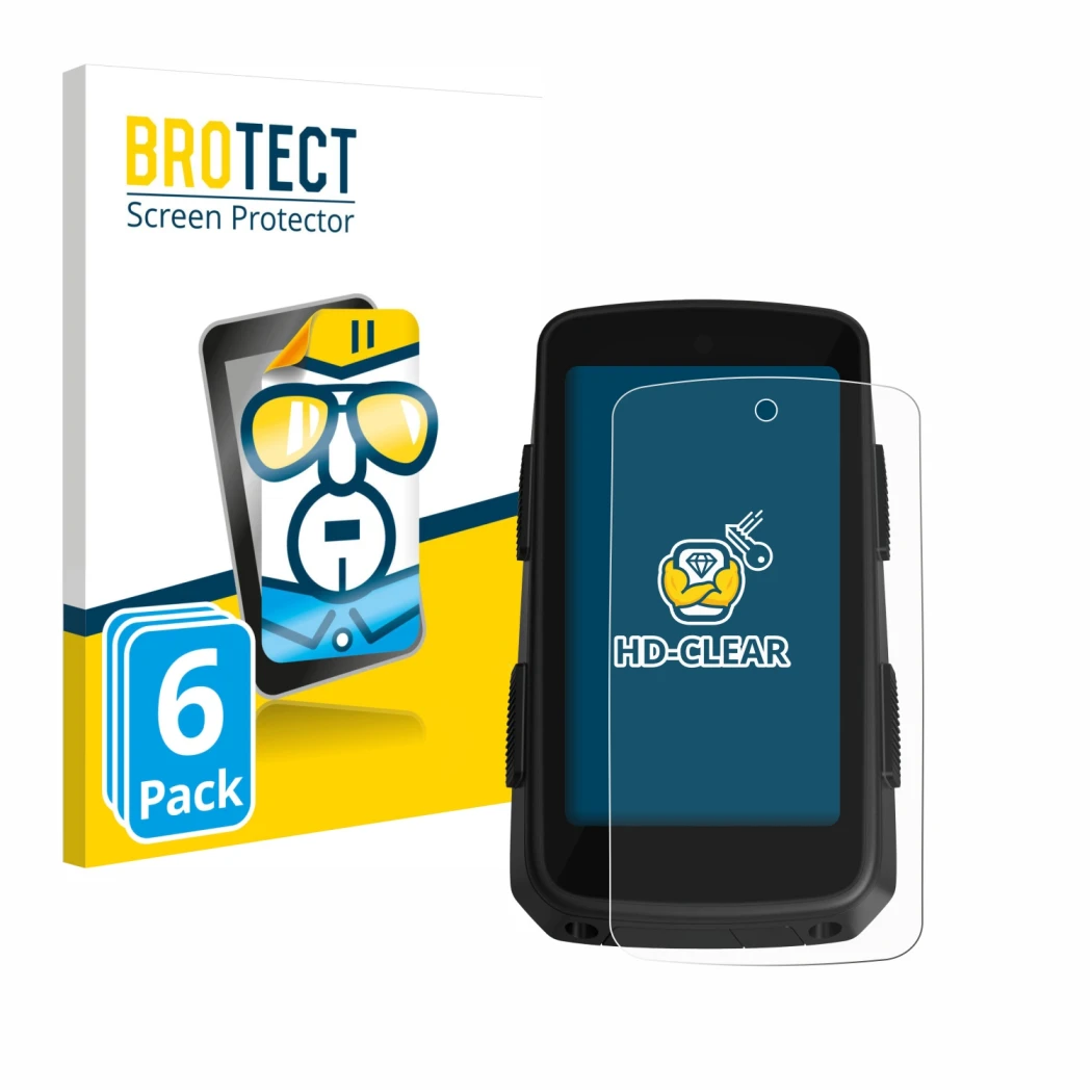 Front side of a product packaging with the brand logo BROTECT. Next to it is the device Hammerhead Karoo 3 shown with the corr