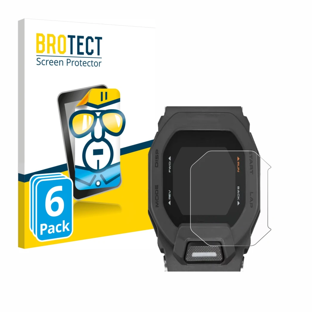 Front side of a product packaging with the brand logo BROTECT. Next to it is the device Casio G-Shock GBD-200 shown with the c
