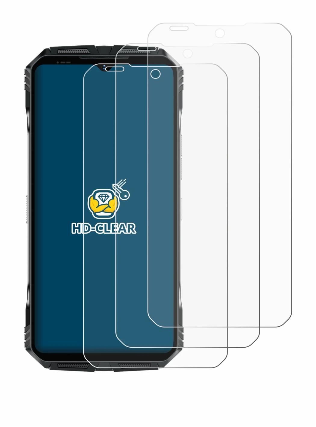 Image of the device Doogee S118 with a wide variety of screen protectors.