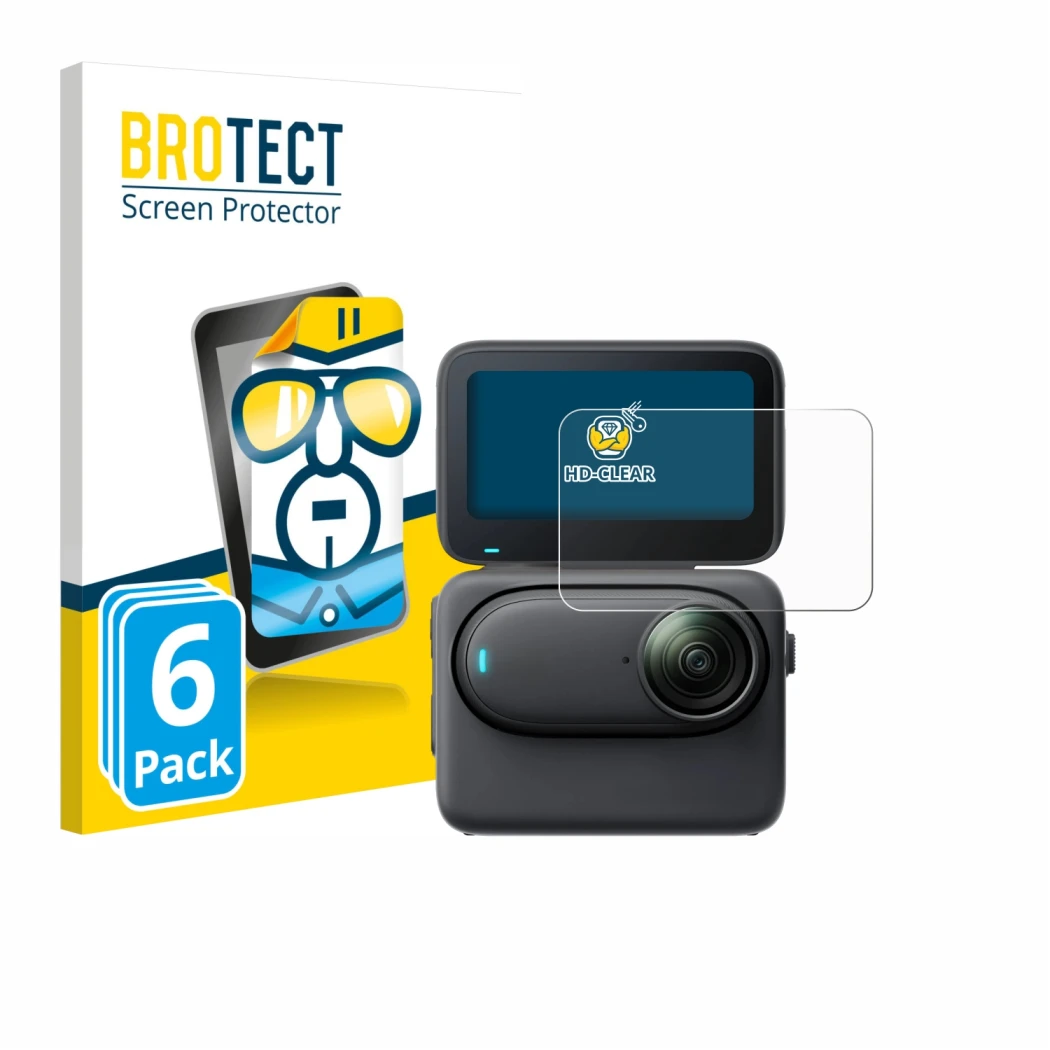 Front side of a product packaging with the brand logo BROTECT. Next to it is the device Insta360 Go 3S shown with the correspo