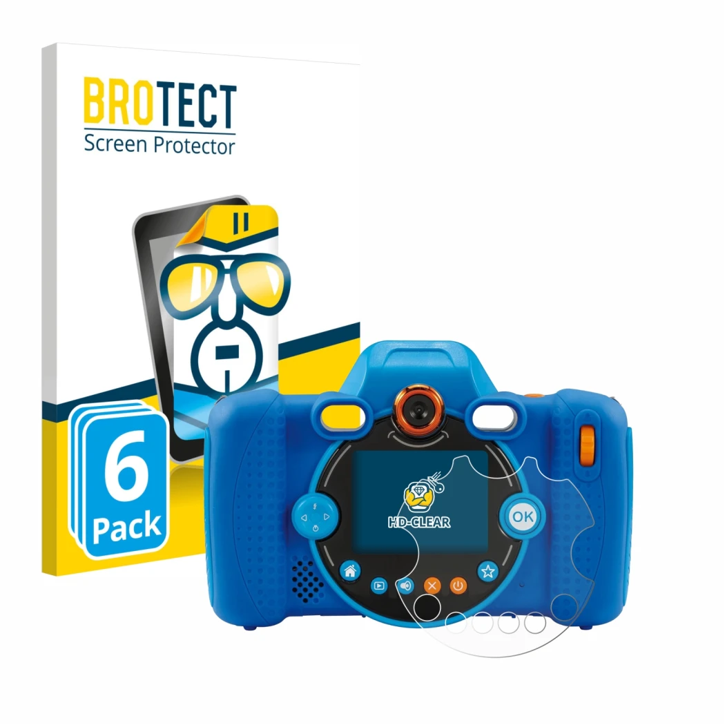 Front side of a product packaging with the brand logo BROTECT. Next to it is the device Vtech Kidizoom Duo FX shown with the c