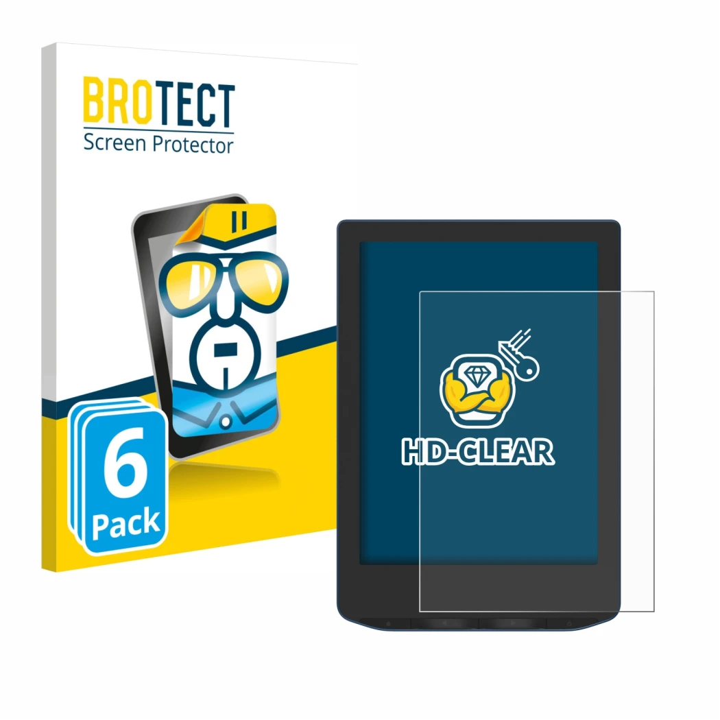 Front side of a product packaging with the brand logo BROTECT. Next to it is the device PocketBook Verse Pro Color shown with