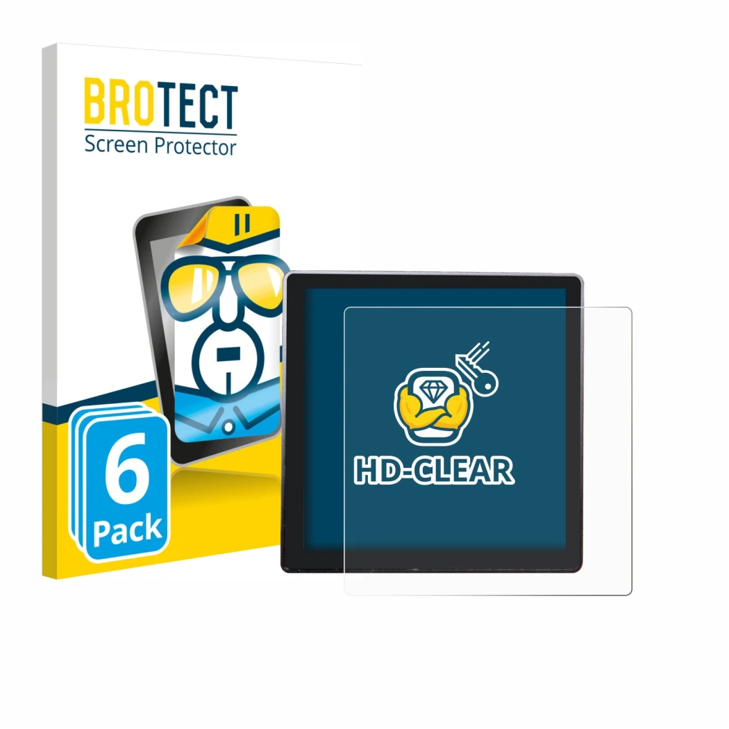 Front side of a product packaging with the brand logo BROTECT. Next to it is the device Shelly Wall Display shown with the cor