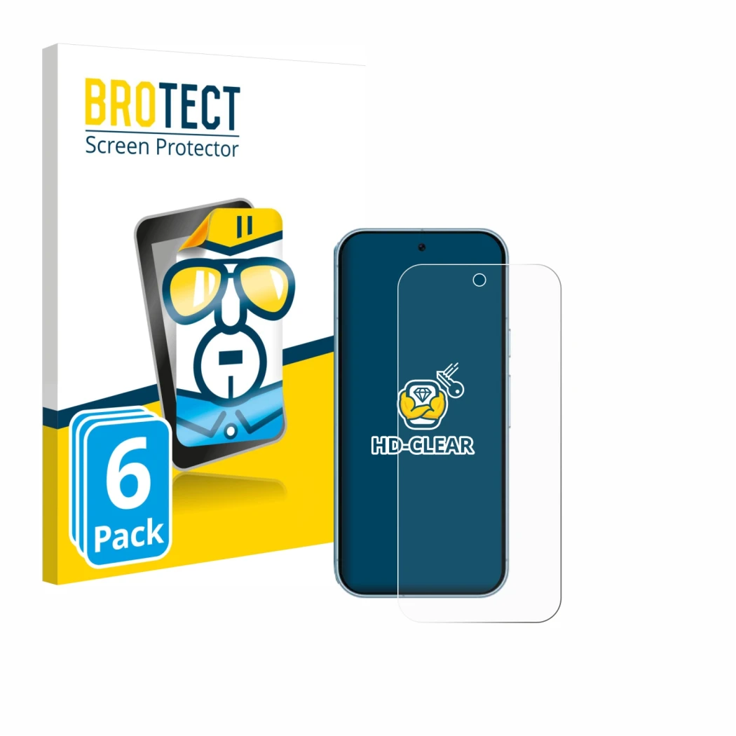 Front side of a product packaging with the brand logo BROTECT. Next to it is the device Google Pixel 9 shown with the correspo