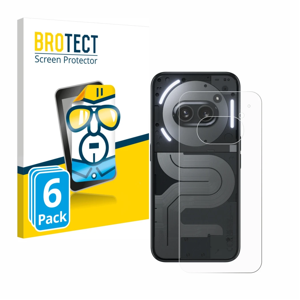 Front side of a product packaging with the brand logo BROTECT. Next to it is the device Nothing Phone (2a) Plus (Back) shown w