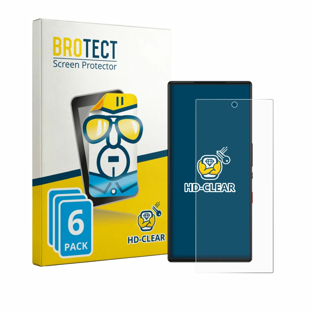 Front side of a product packaging with the brand logo BROTECT. Next to it is the device ZTE Nubia Red Magic 9S Pro shown with