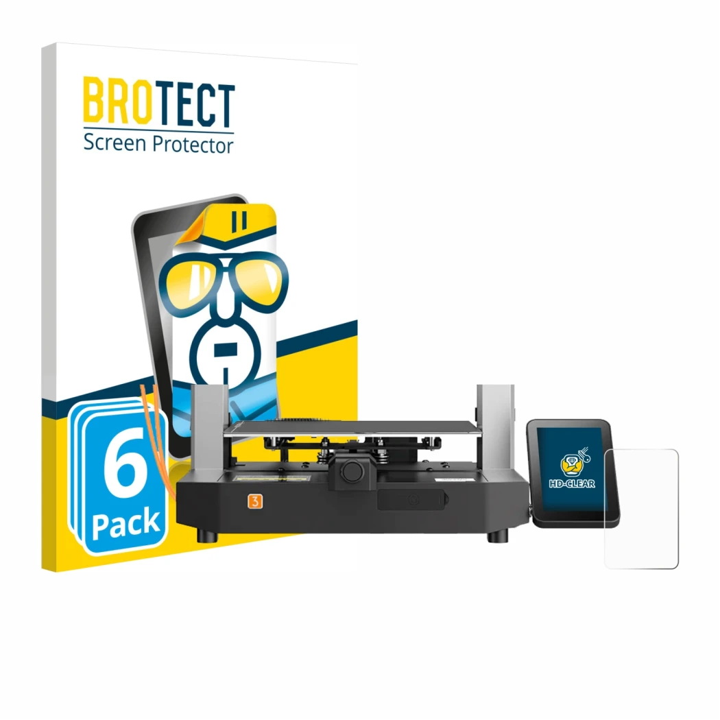 Front side of a product packaging with the brand logo BROTECT. Next to it is the device Anycubic Kobra 3 shown with the corres