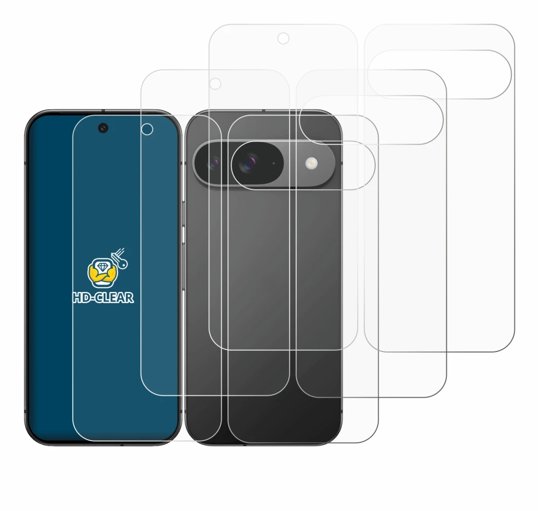 Image of the device Google Pixel 9 (Front+Back) with a wide variety of screen protectors.