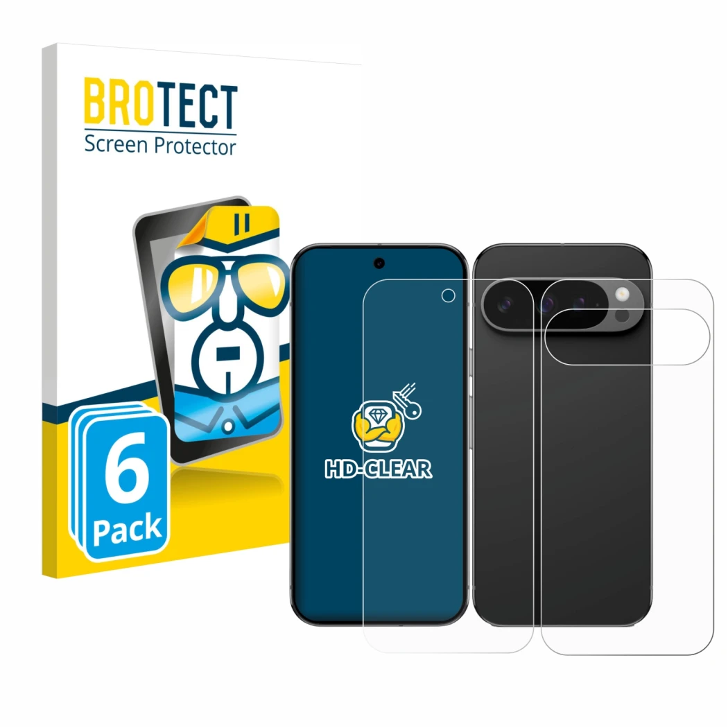 Front side of a product packaging with the brand logo BROTECT. Next to it is the device Google Pixel 9 Pro (Front+Back) shown