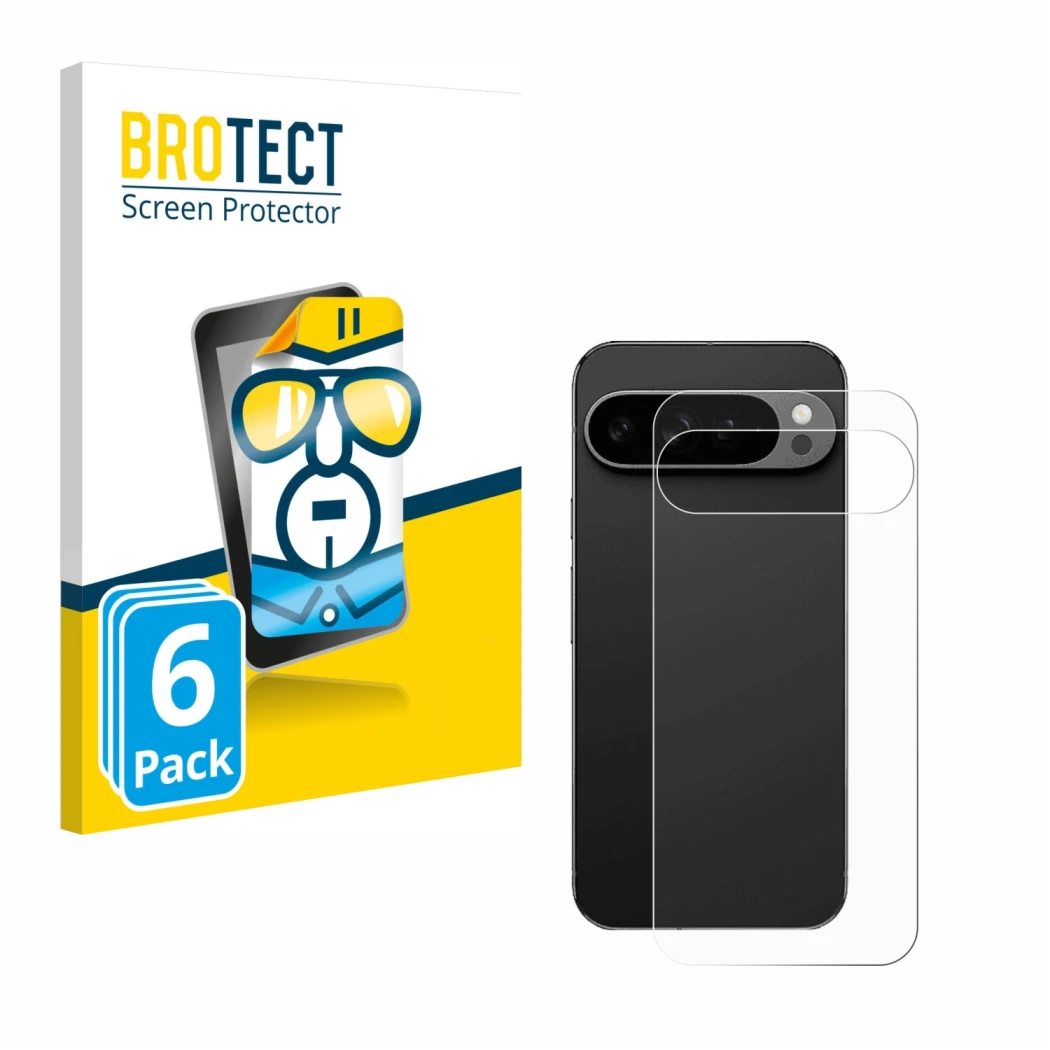Front side of a product packaging with the brand logo BROTECT. Next to it is the device Google Pixel 9 Pro XL (Back) shown wit