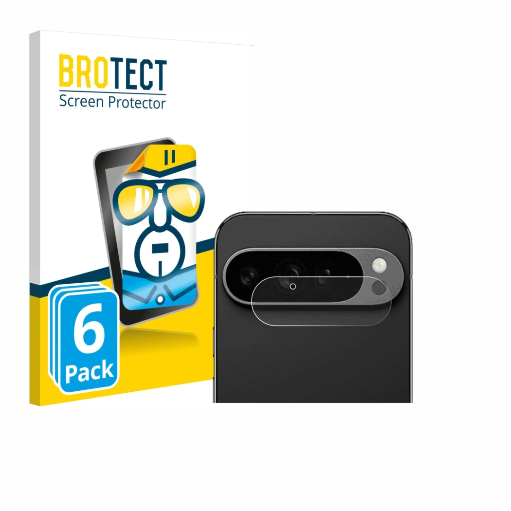 Front side of a product packaging with the brand logo BROTECT. Next to it is the device Google Pixel 9 Pro XL (ONLY Camera Len