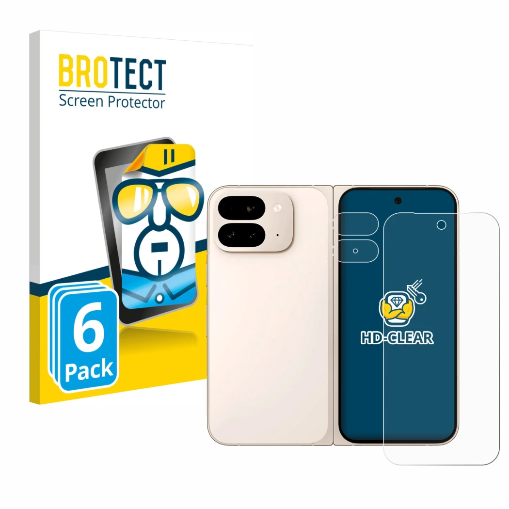 Front side of a product packaging with the brand logo BROTECT. Next to it is the device Google Pixel 9 Pro Fold (Front+Camera)