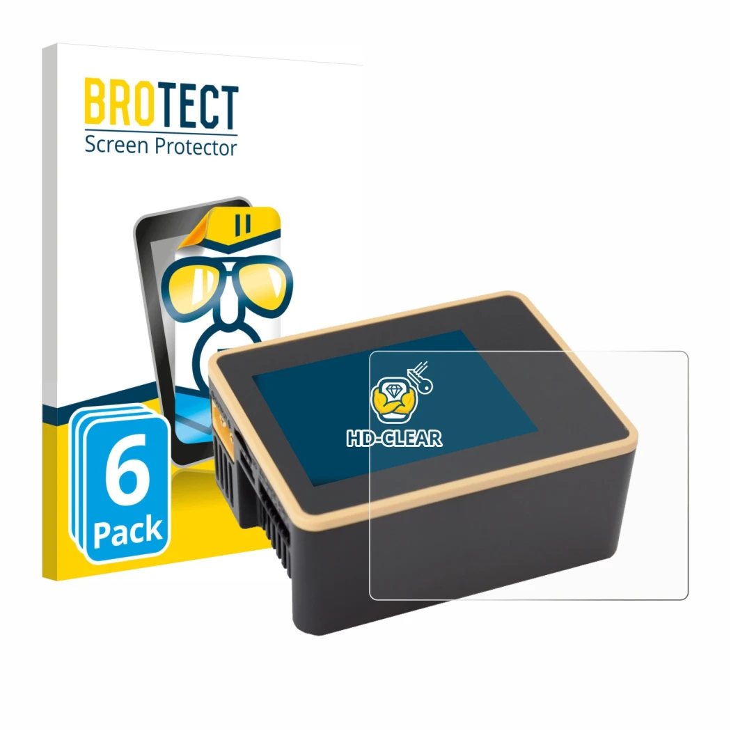 Front side of a product packaging with the brand logo BROTECT. Next to it is the device Junsi iCharger X6 shown with the corre