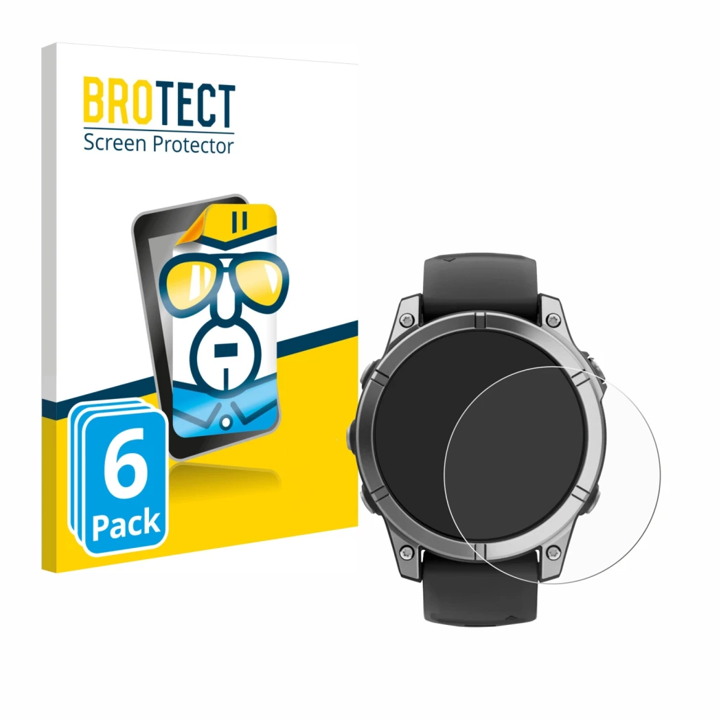 Front side of a product packaging with the brand logo BROTECT. Next to it is the device Garmin Fenix E shown with the correspo